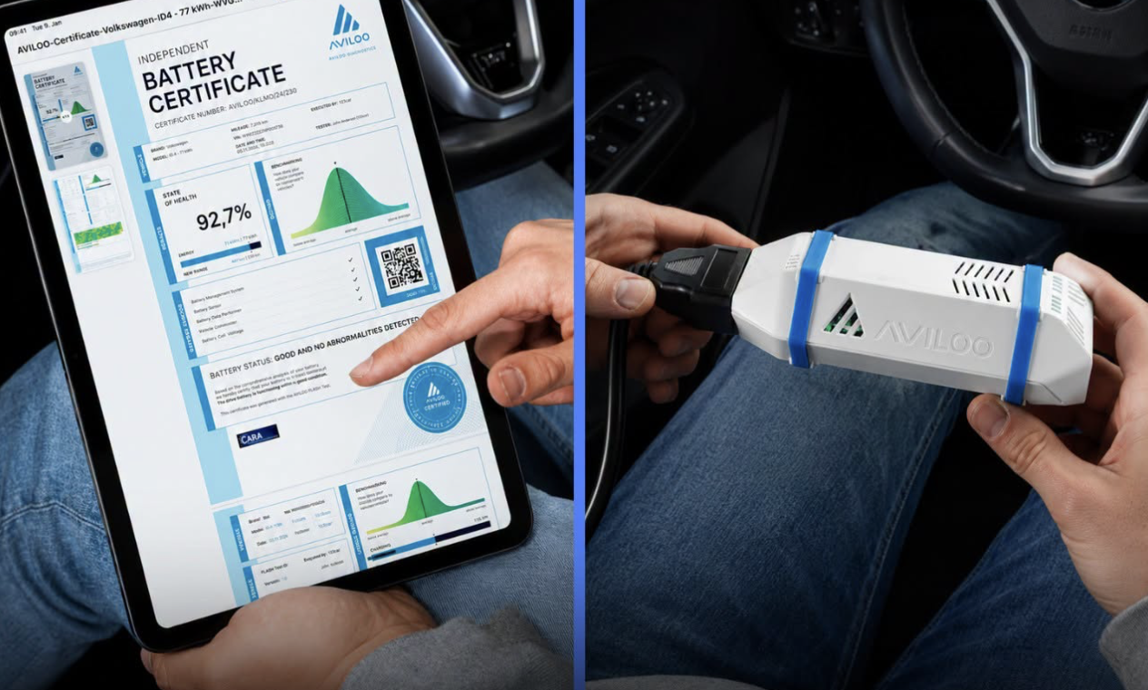 Tablet showing an AVILOO battery certificate next to the AVILOO OBD diagnostic device plugged into a car